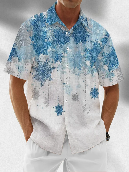 Tall Size Moisture Wicking Merry Christmas Snowflake Chest Pocket Hawaiian Shirt
