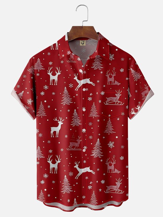 Moisture-wicking Christmas Reindeer Chest Pocket Casual Shirt