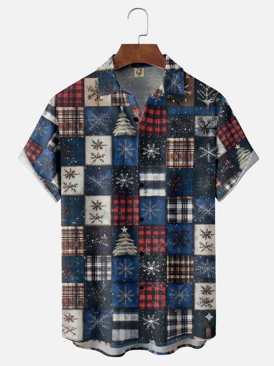 Moisture-wicking Christmas Patchwork Chest Pocket Casual Shirt