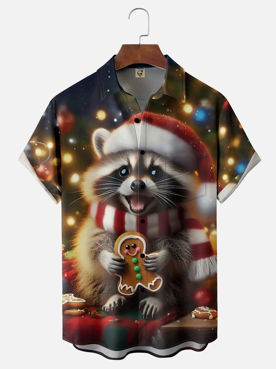 Moisture-wicking Christmas Raccoon Gingerbread Chest Pocket Casual Shirt