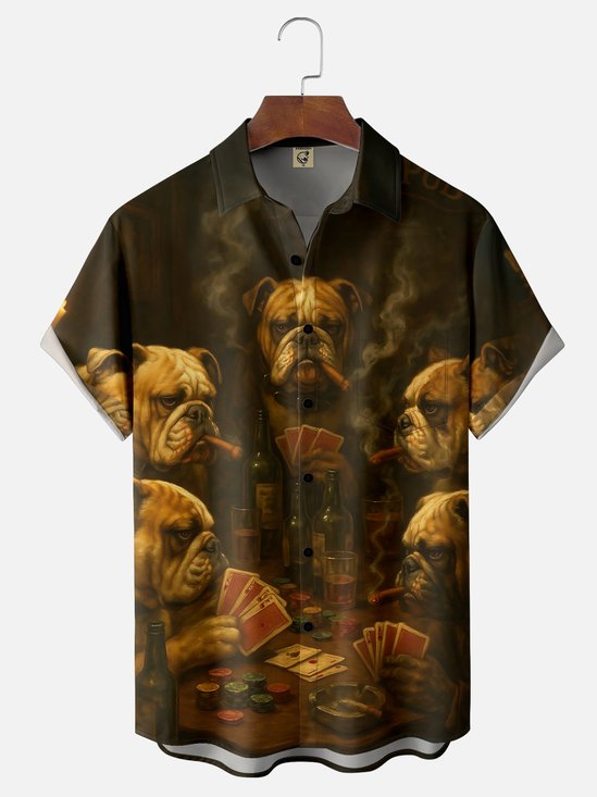 Moisture-wicking Fun Dog Poker Cards Chest Pocket Casual Shirt