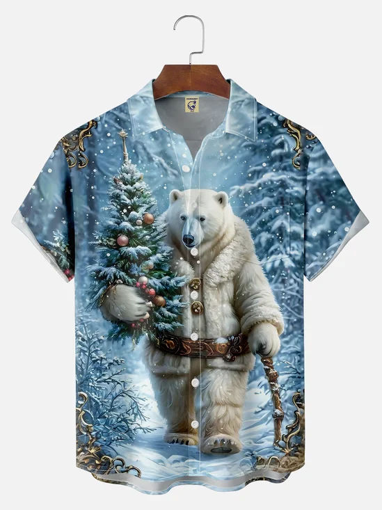 Big Size Moisture-wicking Christmas Polar Bear Christmas Tree Funny Chest Pocket Casual Shirt