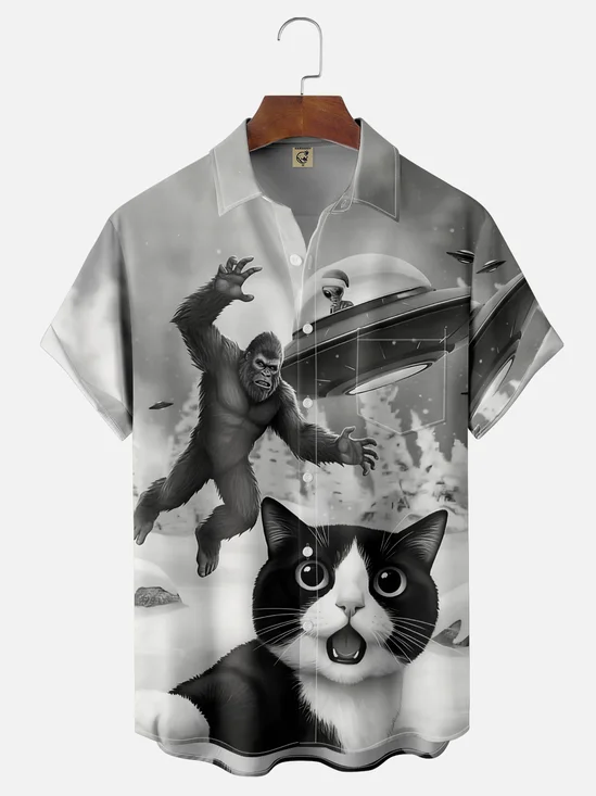 Moisture Wicking Fun Christmas Cat Selfie Bigfoot Alien Chest Pocket Hawaiian Shirt