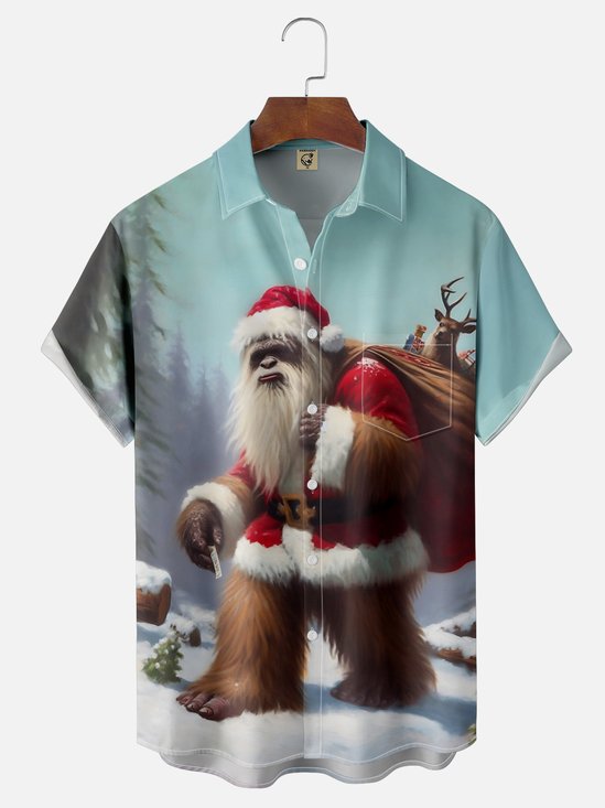 Moisture-wicking Christmas Santa Claus Bigfoot Chest Pocket Casual Shirt