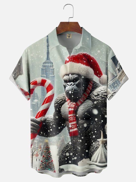 Moisture-wicking Christmas Fun Gorilla King Chest Pocket Casual Shirt