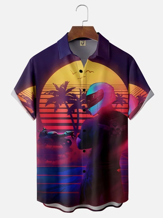 Moisture-wicking Motorcycle Rider Coconut Tree Gradient Chest Pocket Casual Shirt