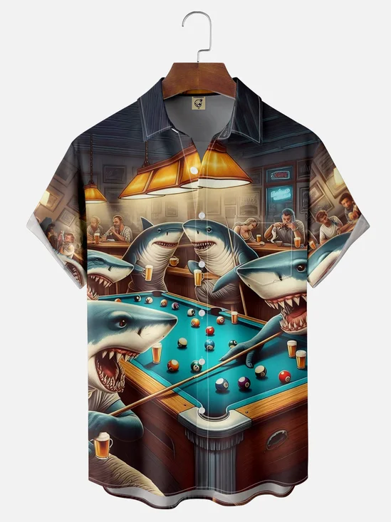 Moisture-wicking Fun Shark Billiards Beer Chest Pocket Casual Shirt