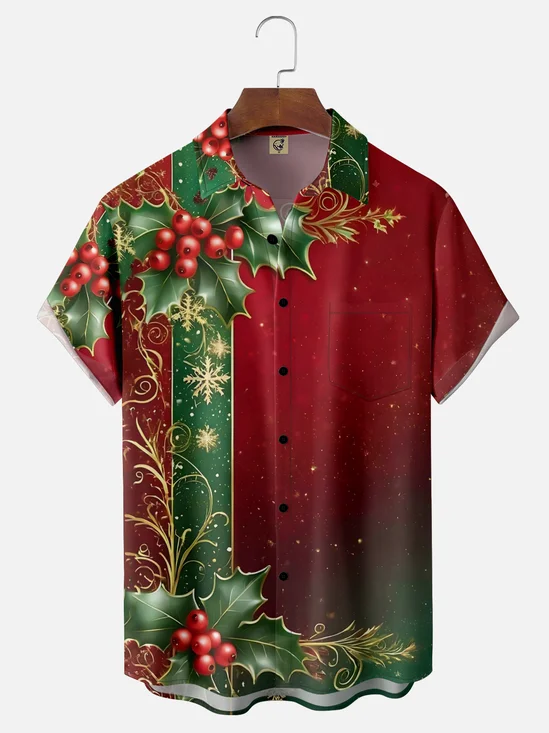 Moisture-wicking Christmas Art Red Ribbon Chest Pocket Bowling Shirt