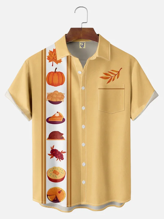 Big Size Moisture-wicking Thanksgiving Turkey Pumpkin Chest Pocket Bowling Shirt