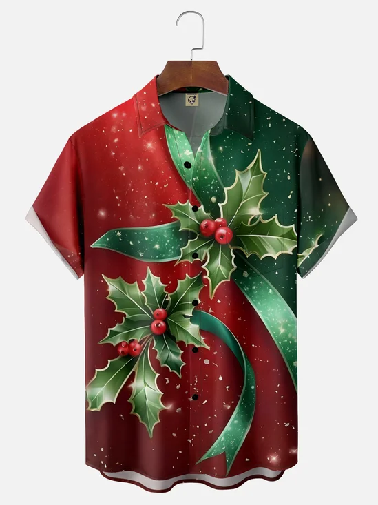Moisture-wicking Christmas Art Christmas Red Berries Chest Pocket Casual Shirt
