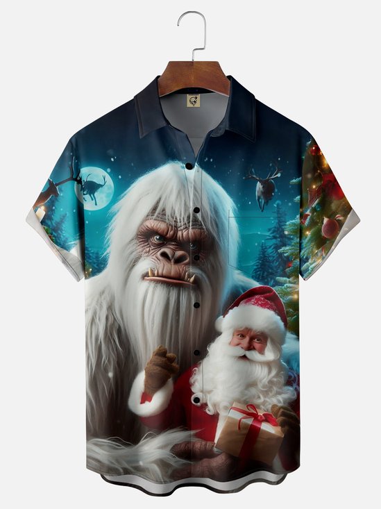 Moisture-wicking Christmas Snowman Santa Claus Chest Pocket Casual Shirt