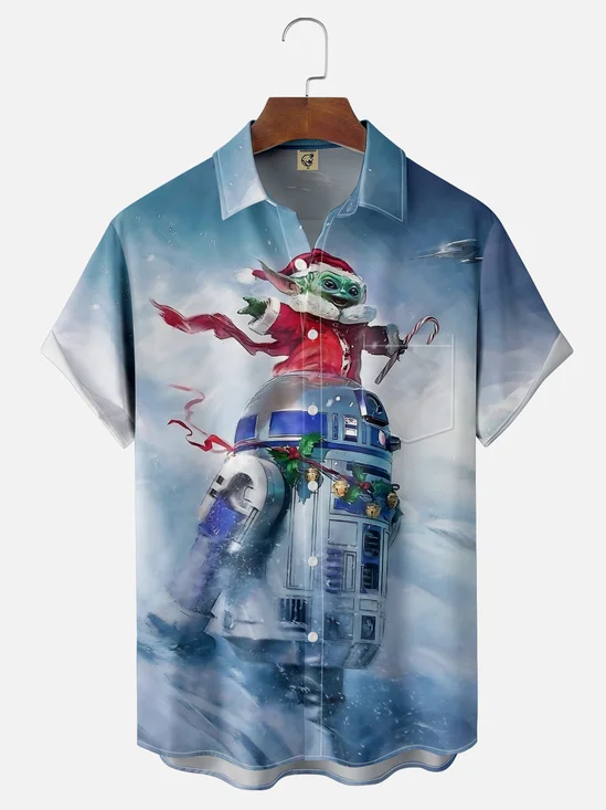 Moisture-wicking Christmas Santa Hat Star Chest Pocket Casual Shirt