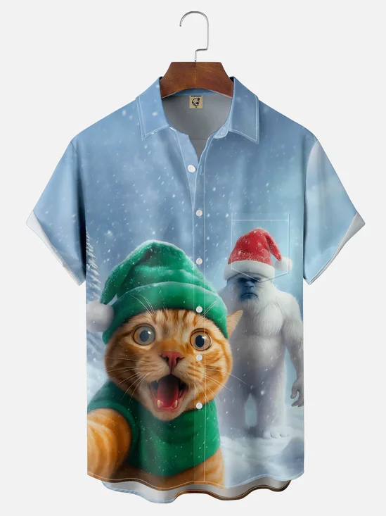 Moisture Wicking Fun Christmas Cat Selfie Bigfoot Chest Pocket Hawaiian Shirt