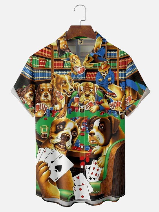 Moisture-wicking Fun Dog Poker Cards Chest Pocket Casual Shirt