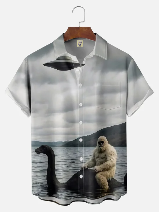Big Size Moisture-wicking Bigfoot Loch Ness Monster UFO Chest Pocket Casual Shirt