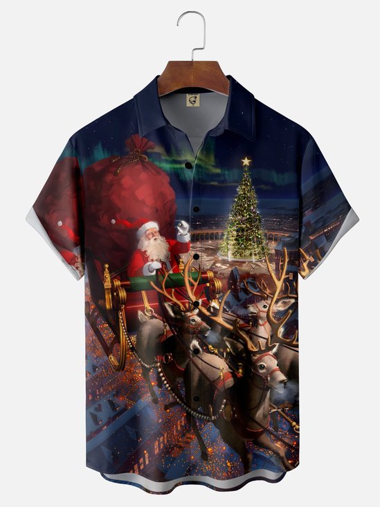 Moisture-wicking Christmas Tree Santa Claus Christmas Elk Chest Pocket Casual Shirt