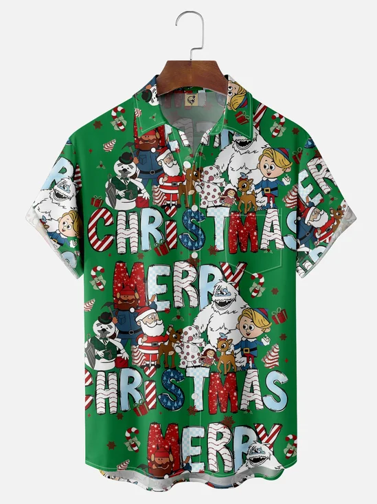Moisture Wicking Christmas Rudolph Chest Pocket Hawaiian Shirt