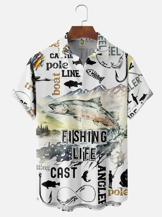 Moisture Wicking Gradient Colors Abstract Fish Flying Out of The Lake Chest Pocket Hawaiian Shirt