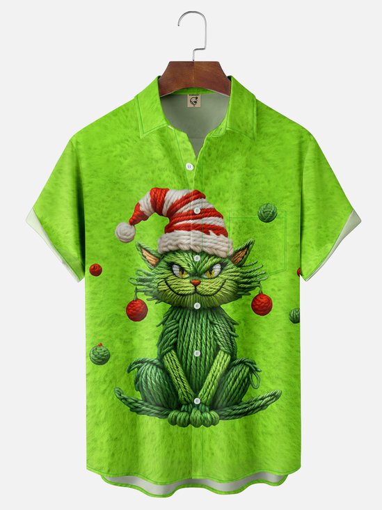 Moisture-wicking Christmas Cat Chest Pocket Casual Shirt