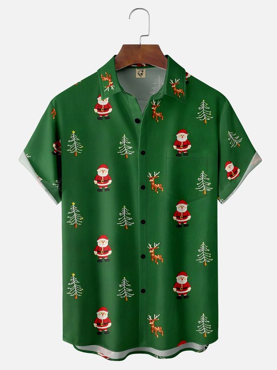 Moisture-wicking Christmas Santa Claus Reindeer Chest Pocket Casual Shirt
