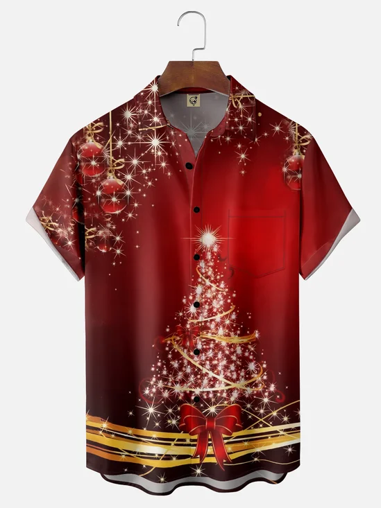 Moisture-wicking Christmas Art Christmas Tree Chest Pocket Casual Shirt