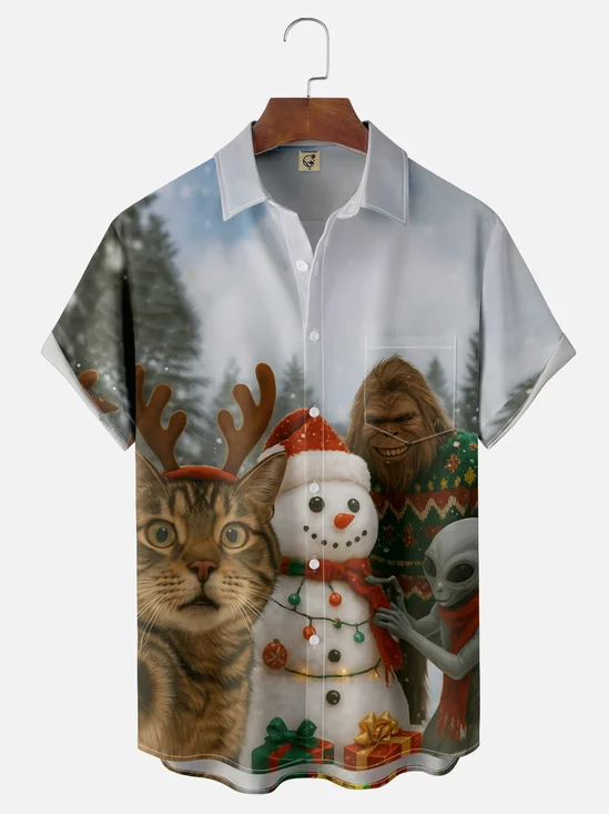 Moisture Wicking Fun Christmas Cat Selfie Bigfoot Alien Snowman Chest Pocket Hawaiian Shirt