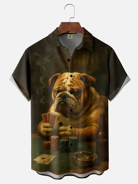 Moisture-wicking Fun Dog Poker Cards Chest Pocket Casual Shirt