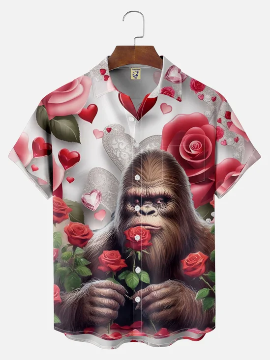 Big Size Moisture-wicking Valentine's Day Rose Bigfoot Chest Pocket Hawaiian Shirt