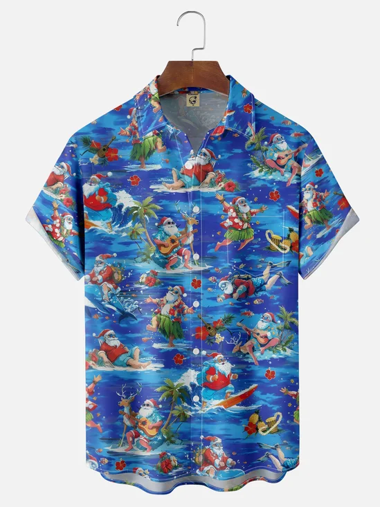 Tall Size Moisture-wicking Christmas Santa Claus Surfing Chest Pocket Casual Shirt