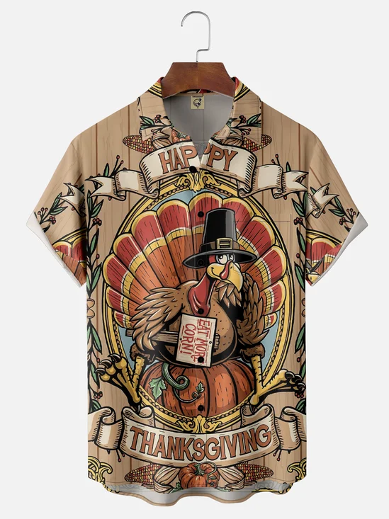Moisture-wicking Thanksgiving Turkey Eat More Corn Chest Pocket Casual Shirt