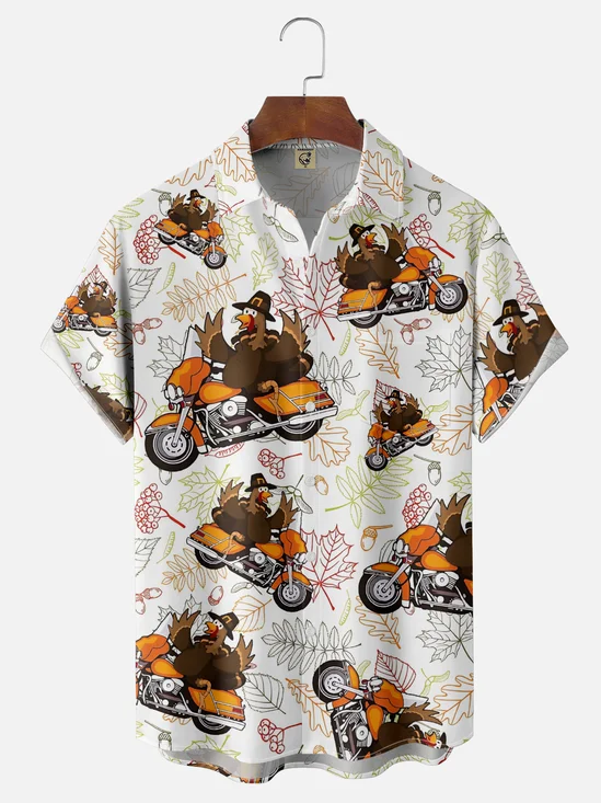 Moisture-wicking Thanksgiving Turkey Motorcycle Maple Leaf Chest Pocket Casual Shirt