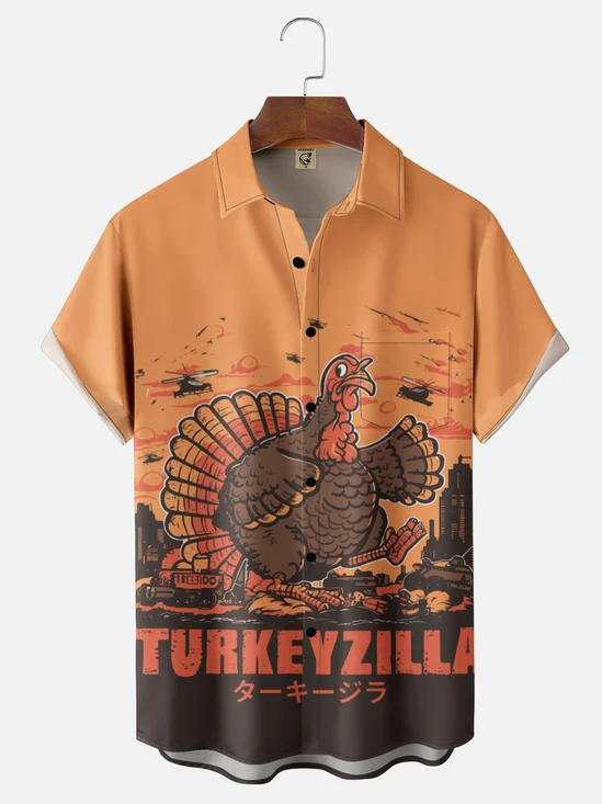 Moisture Wicking Thanksgiving Fun Monster Turkey Chest Pocket Hawaiian Shirt