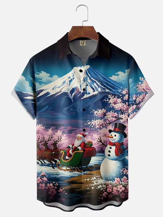 Moisture Wicking Cherry Blossoms at the Foot of Mount Fuji Merry Christmas Santa Claus Snowman Chest Pocket Hawaiian Shirt