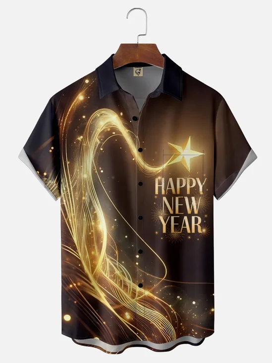 Moisture Wicking Happy New Year Chest Pocket Hawaiian Shirt