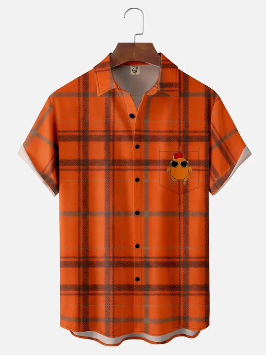 Moisture-wicking Thanksgiving Plaid Turkey Chest Pocket Casual Shirt