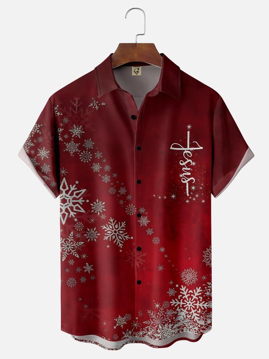 Moisture-wicking Christmas Snowflake Jesus Faith Cross Chest Pocket Casual Shirt