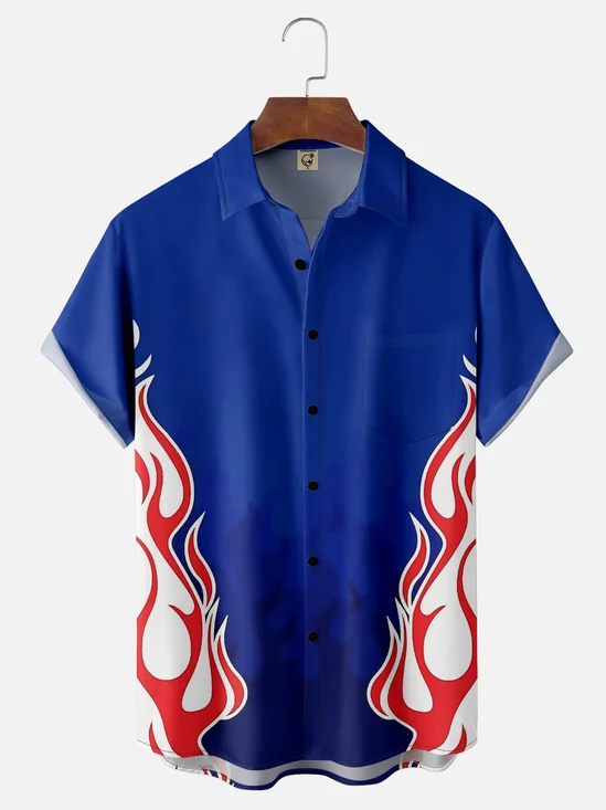 Moisture Wicking Vintage Car Painting Flame Line Chest Pocket Hawaiian Shirt