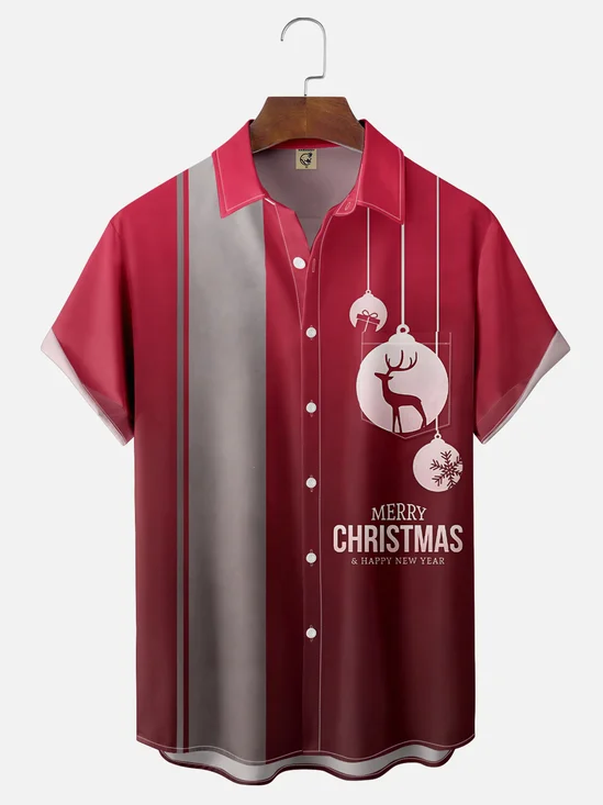 Moisture Wicking Christmas Striped Reindeer Chest Pocket Bowling Shirt