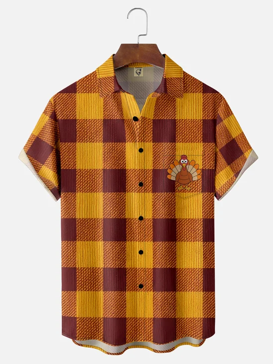 Moisture-wicking Thanksgiving Turkey Plaid Chest Pocket Casual Shirt