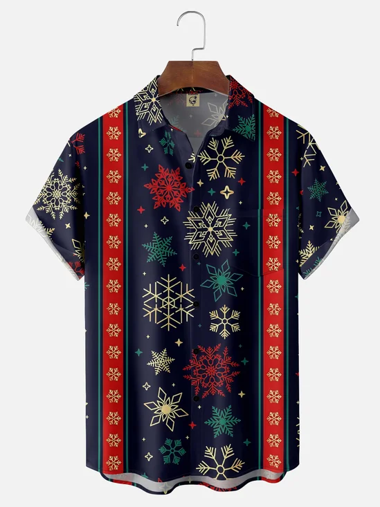 Moisture Wicking Christmas Striped Snowflake Chest Pocket Bowling Shirt