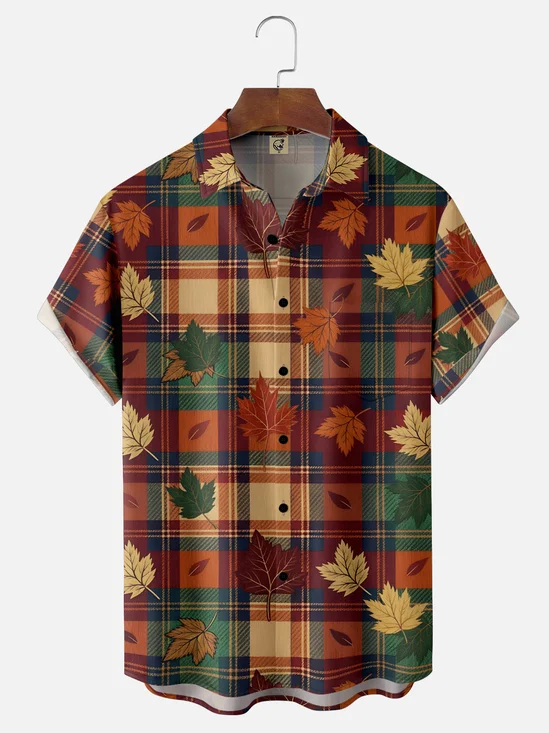 Moisture-wicking Thanksgiving Plaid Maple Chest Pocket Casual Shirt