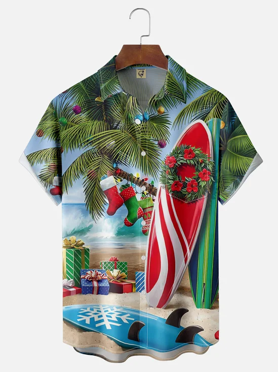 Moisture Wicking Christmas Merry Christmas Beach Vacation Coconut Tree Surfboard Chest Bag Hawaiian Shirt