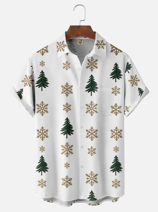 Moisture-wicking Christmas Tree Snowflake Chest Pocket Casual Shirt