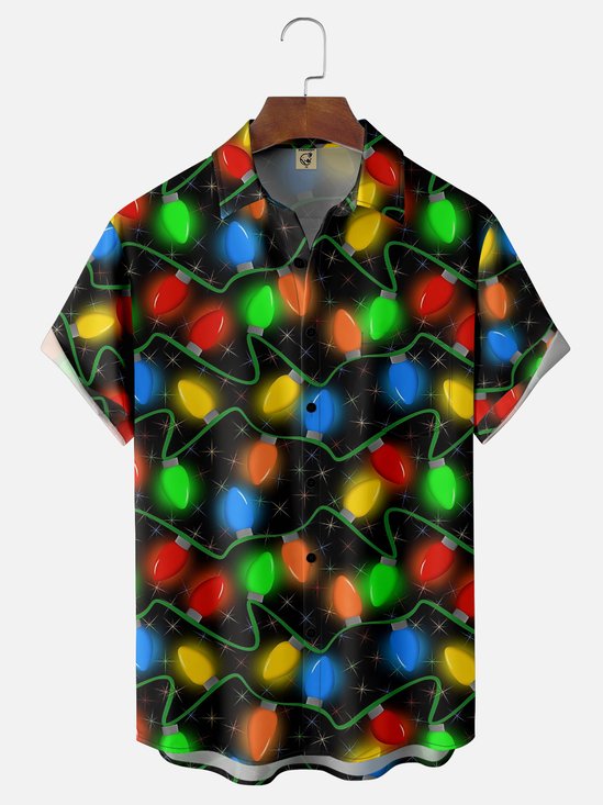 Moisture Wicking Artistic Christmas Merry Christmas Lights Chest Pocket Hawaiian Shirt