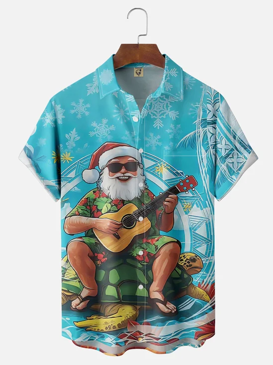 Moisture Wicking Merry Christmas Santa Claus Ukulele Turtle Chest Pocket Hawaiian Shirt