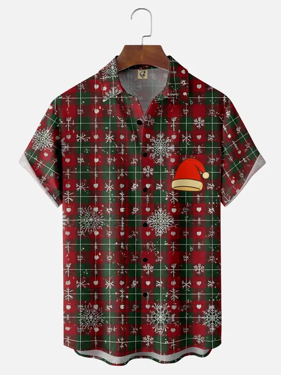 Moisture-wicking Christmas Santa Claus Hat Plaid Chest Pocket Casual Shirt