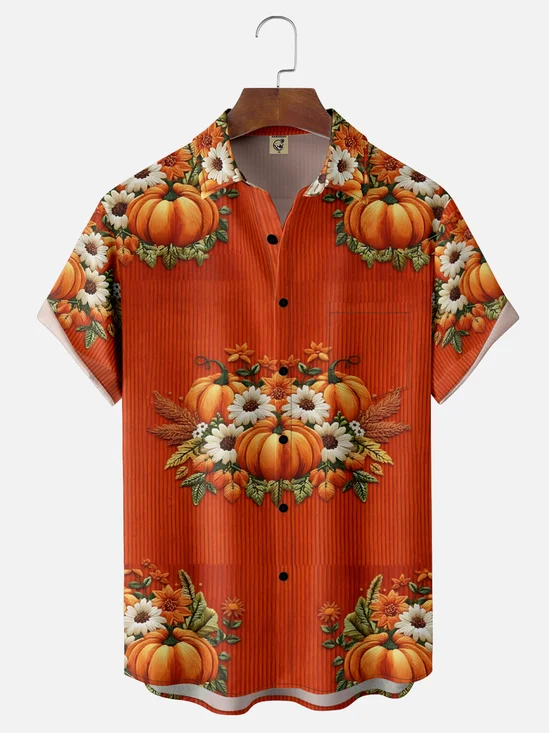 Moisture-wicking Thanksgiving Pumpkin Chest Pocket Holiday Shirt