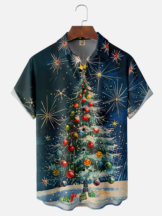Moisture Wicking Artistic Christmas Merry Christmas Tree Chest Pocket Hawaiian Shirt