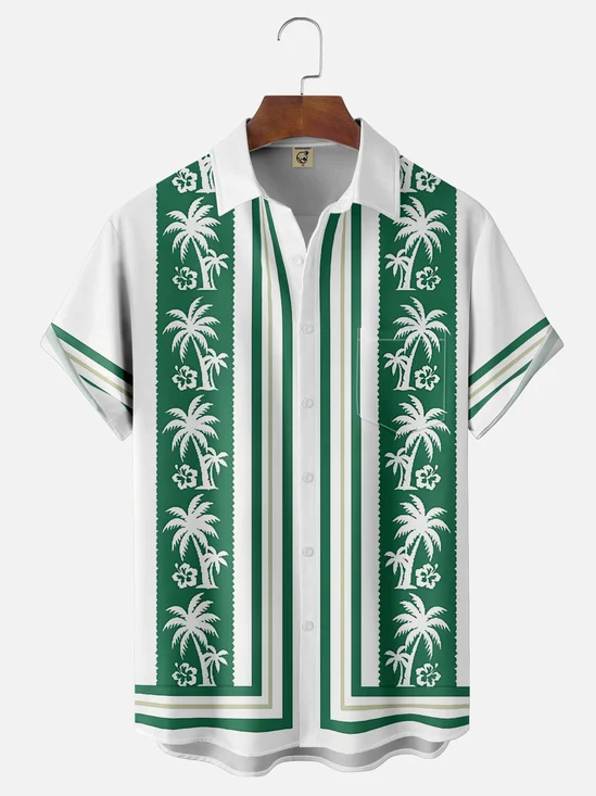 Moisture Wicking Striped Coconut Tree Chest Pocket Bowling Shirt