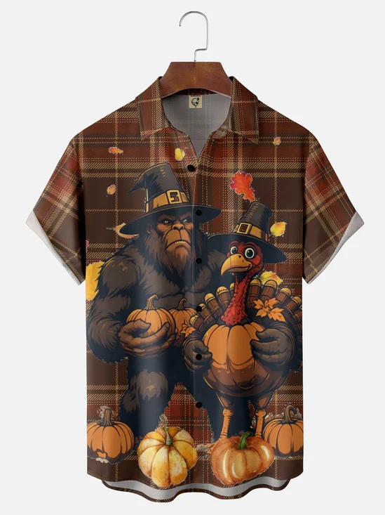 Moisture-wicking Thanksgiving Turkey Bigfoot Plaid Chest Pocket Casual Shirt